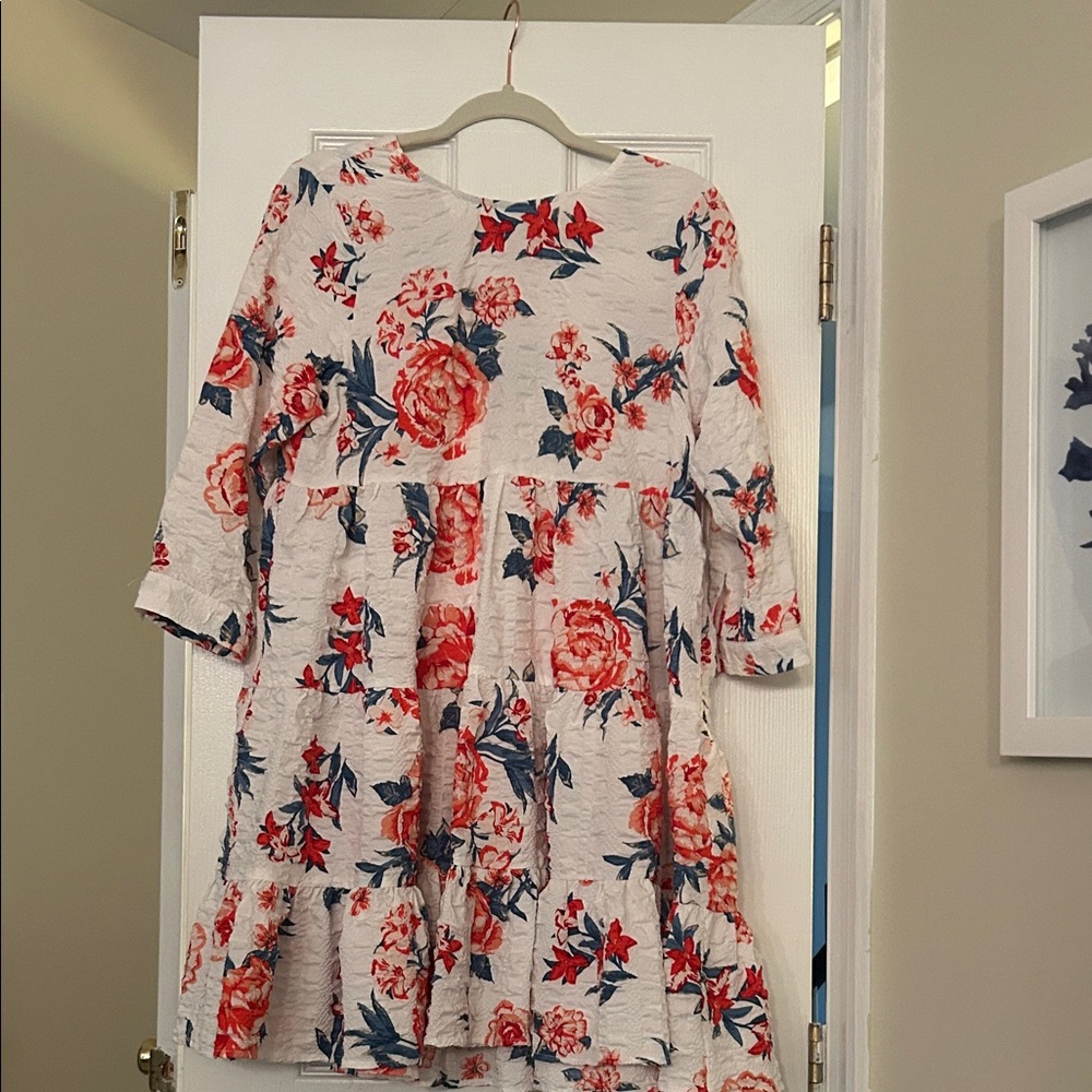 Miami Floral Casual Dress - white and coral and teal